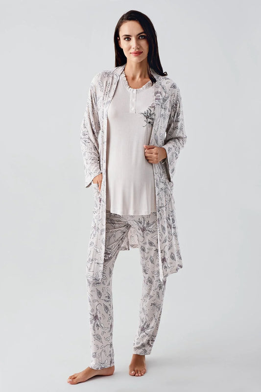 Önden Düğmeli Desenli Sabahlıklı Lohusa Hamile Pijama Takımı Pudra - 23100