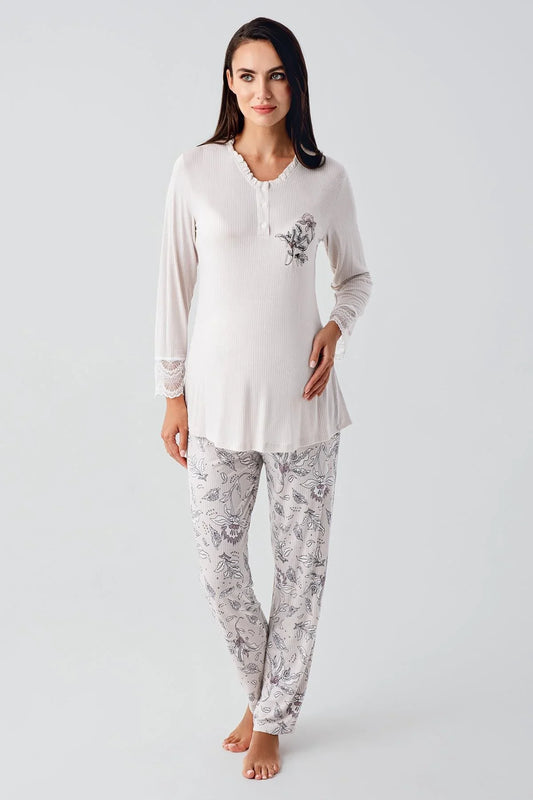 Önden Düğmeli Desenli Sabahlıklı Lohusa Hamile Pijama Takımı Pudra - 23100