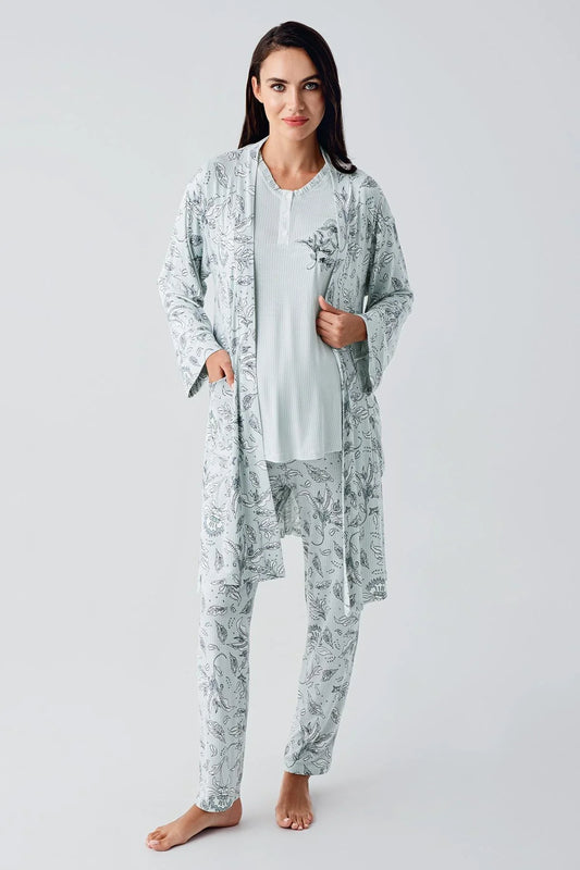 Önden Düğmeli Desenli Sabahlıklı Lohusa Hamile Pijama Takımı Yeşil - 23100