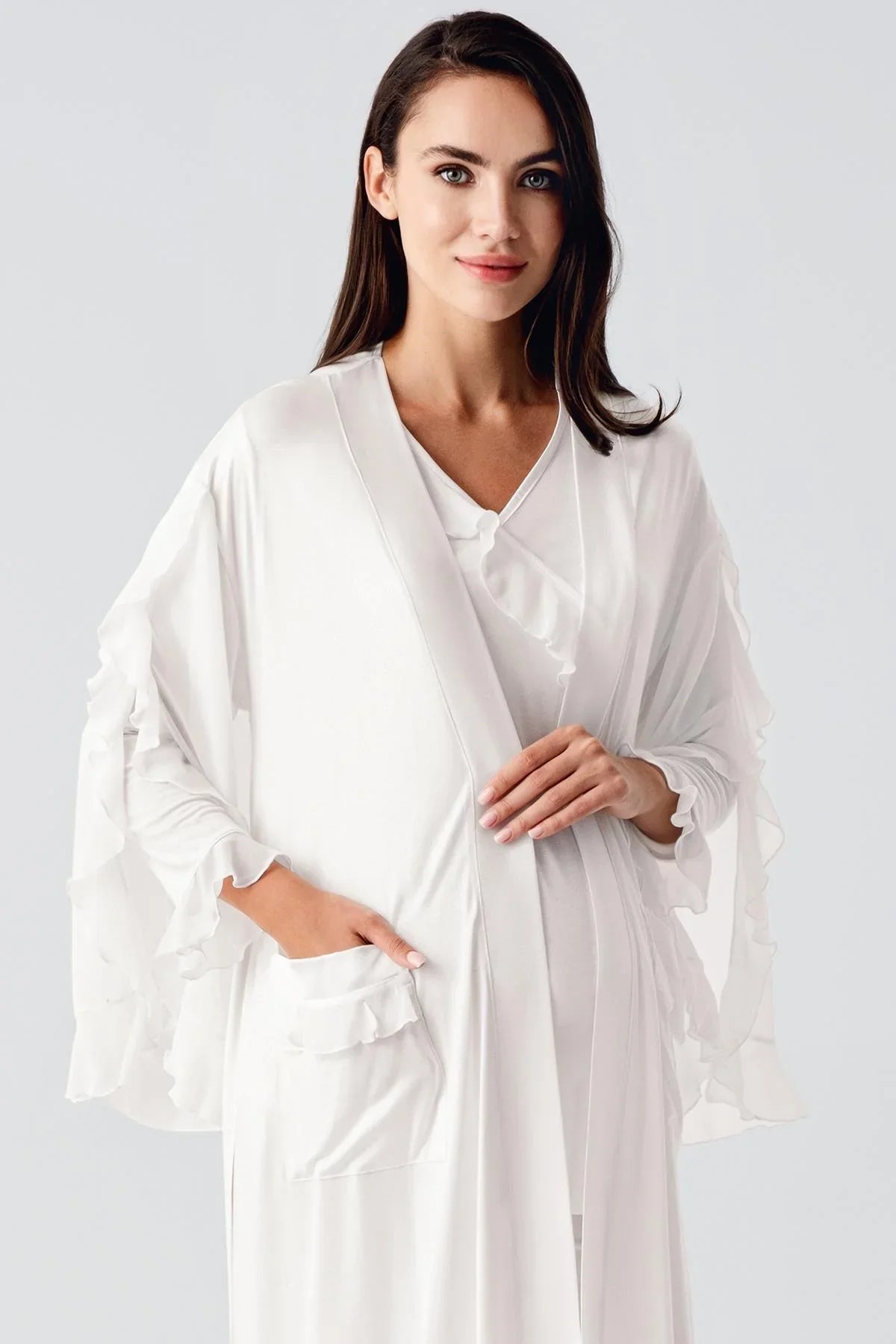 Uzun Kollu Gizli Emzirme Özellikli Sabahlıklı Lohusa Hamile Pijama Takımı Ekru-  23106
