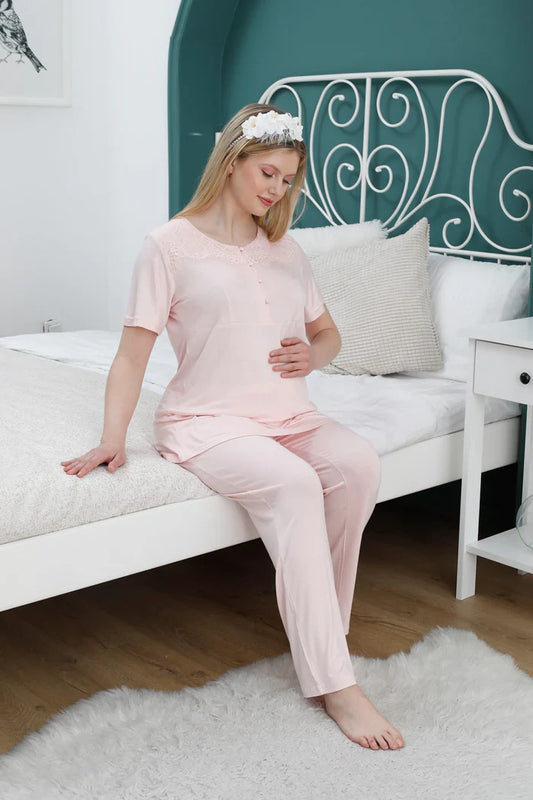 Önden Düğmeli Valon Kol Sabahlıklı Lohusa Hamile Pijama Takımı Pembe - 2361