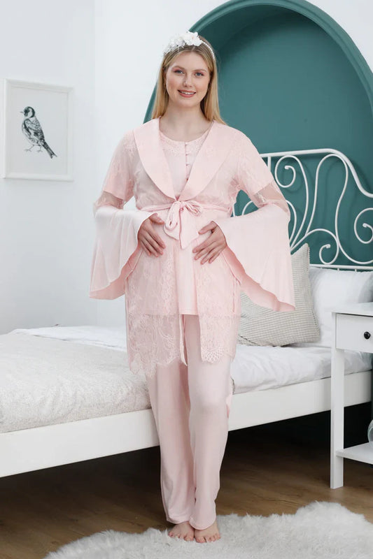 Önden Düğmeli Valon Kol Sabahlıklı Lohusa Hamile Pijama Takımı Pembe - 2361