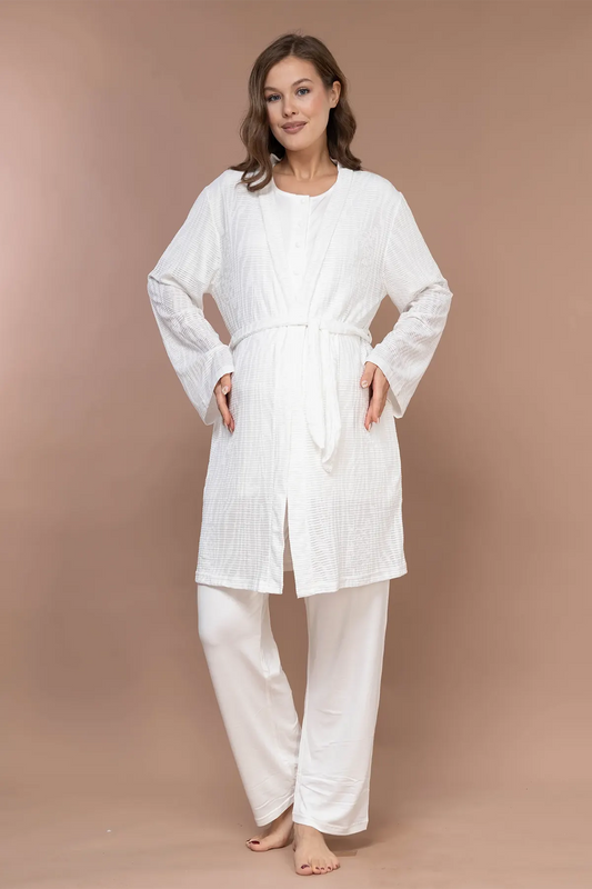 Önden Düğmeli  Sabahlıklı Lohusa Hamile Pijama Takımı Ekru - 2372