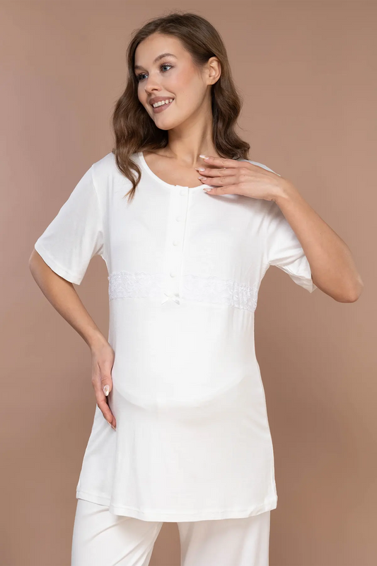 Önden Düğmeli  Sabahlıklı Lohusa Hamile Pijama Takımı Ekru - 2372