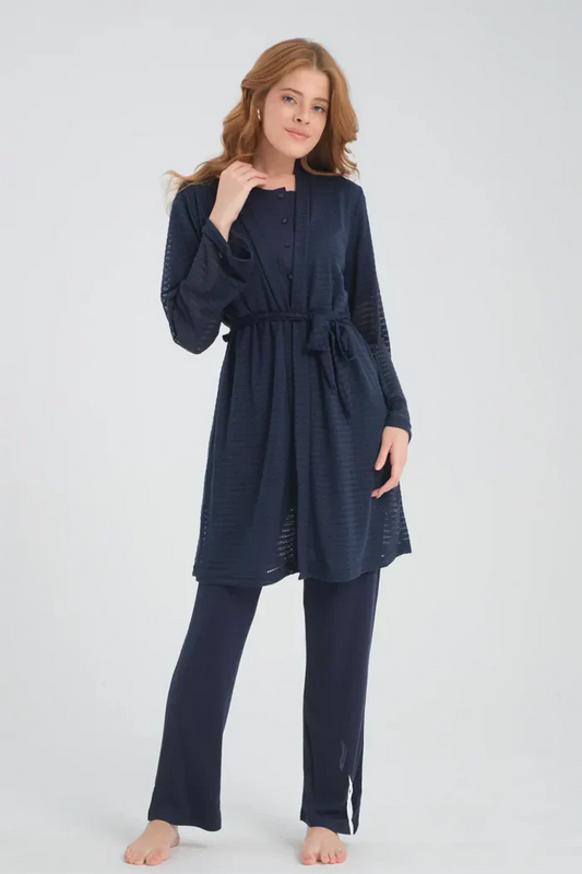 Önden Düğmeli  Sabahlıklı Lohusa Hamile Pijama Takımı Lacivert- 2384