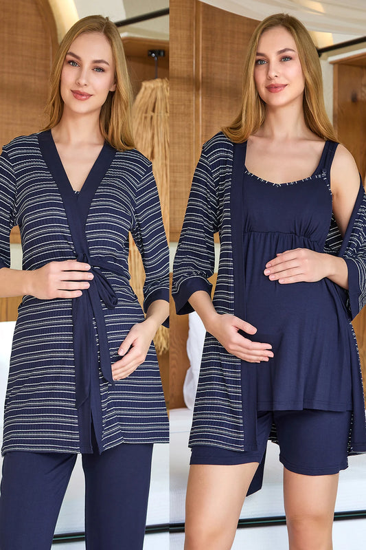 Çizgili Sabahlıklı Askılı 4'lü Pijama Takımı Lacivert - 25635