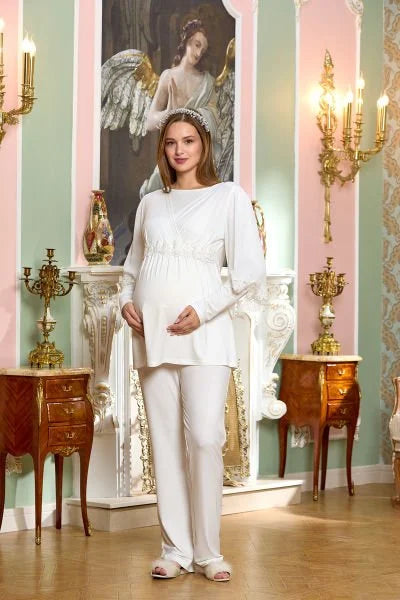 Dantelli Gizli Emzirme Özellikli Lohusa Hamile  Pijama Takımı  - 25123