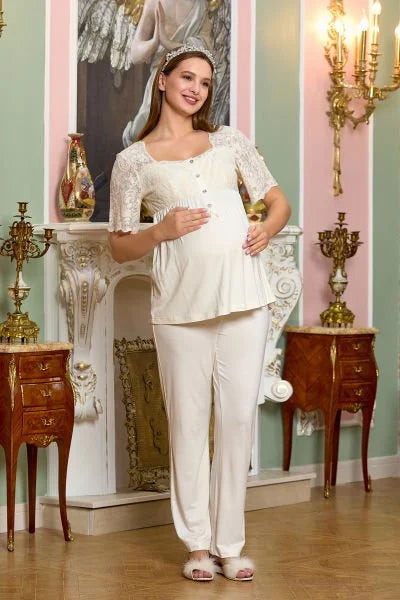 Dantelli Sabahlık Önden Düğmeli Lohusa Hamile Pijama Takımı -  25130