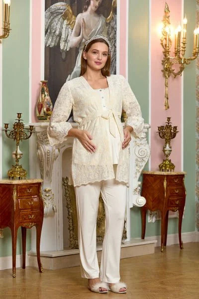 Dantelli Sabahlık Önden Düğmeli Lohusa Hamile Pijama Takımı -  25130
