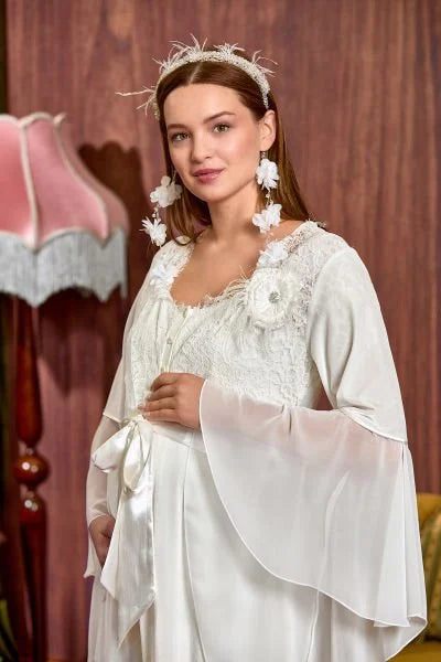 Kolları Tüllü Dantel Detaylı Lohusa Sabahlık Ekru - 25134