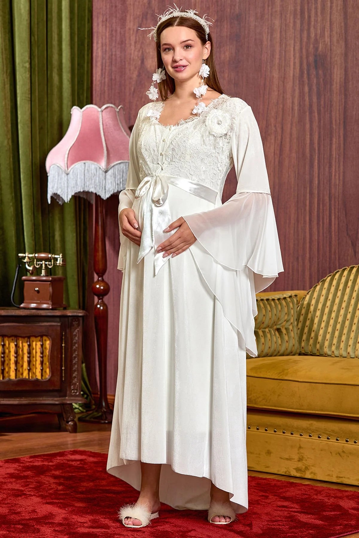 Kolları Tüllü Dantel Detaylı Lohusa Sabahlık Ekru - 25134