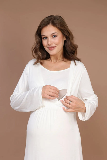 Emzirme Özellikli Sabahlıklı Lohusa Hamile Gecelik Takımı Ekru - 621