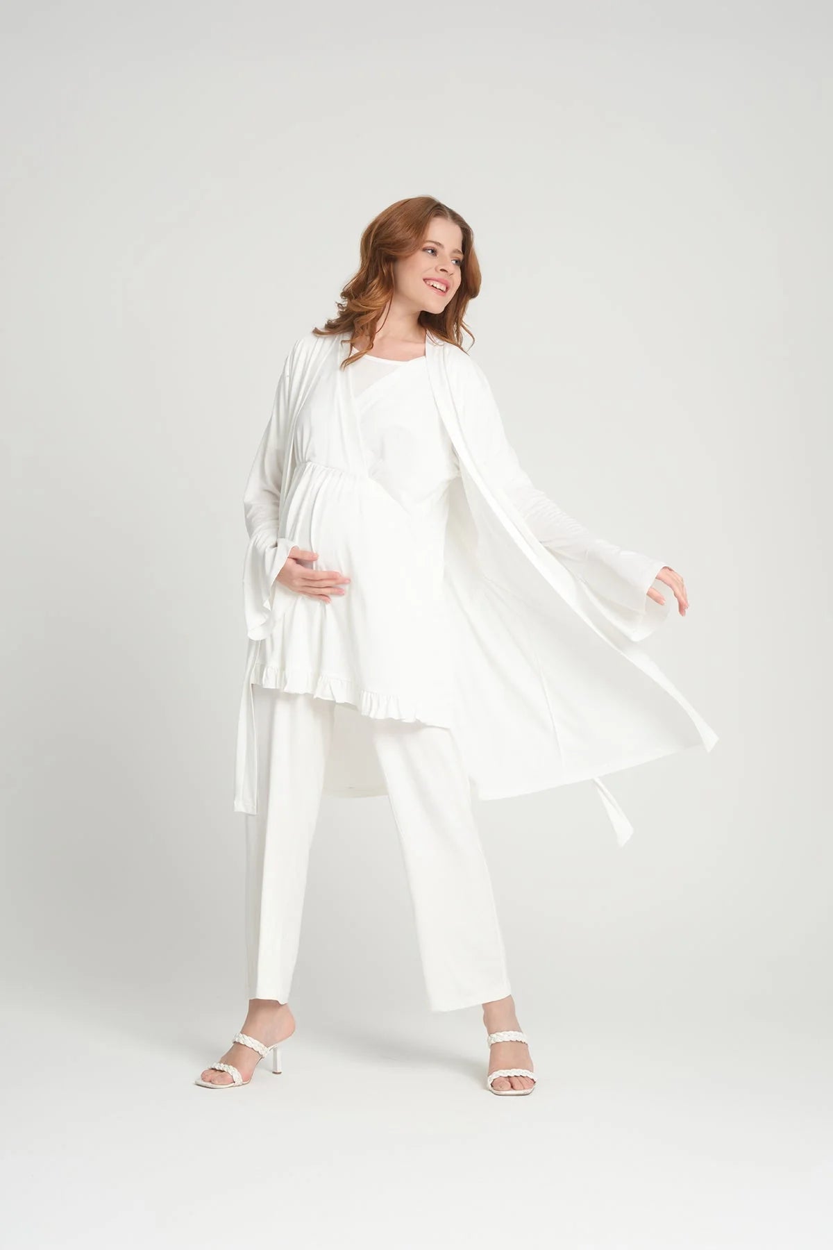 Volan Kol Sabahlıklı Kruvaze Lohusa Pijama Takımı Ekru - 2378