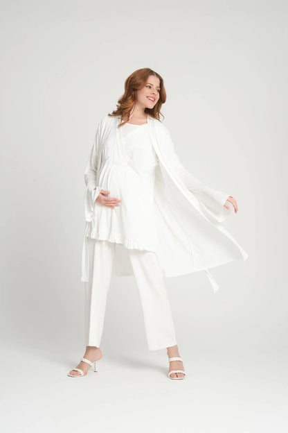 Volan Kol Sabahlıklı Kruvaze Lohusa Pijama Takımı Ekru - 2378