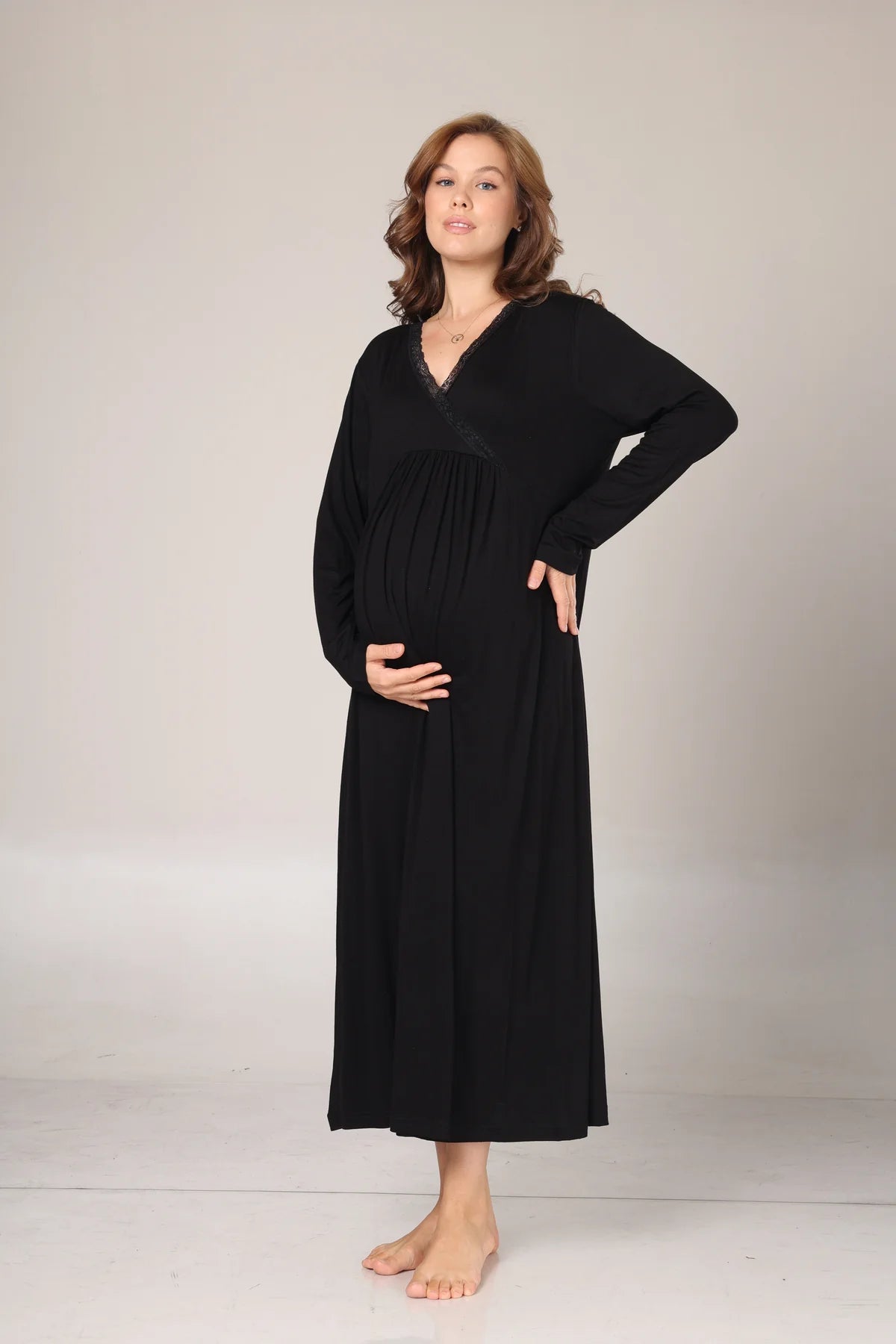 Kışlık Siyah Fitilli Dantel Detaylı Sabahlıklı Lohusa Gecelik Takımı -1006