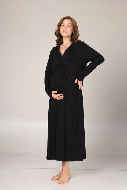 Kışlık Siyah Fitilli Dantel Detaylı Sabahlıklı Lohusa Gecelik Takımı -1006