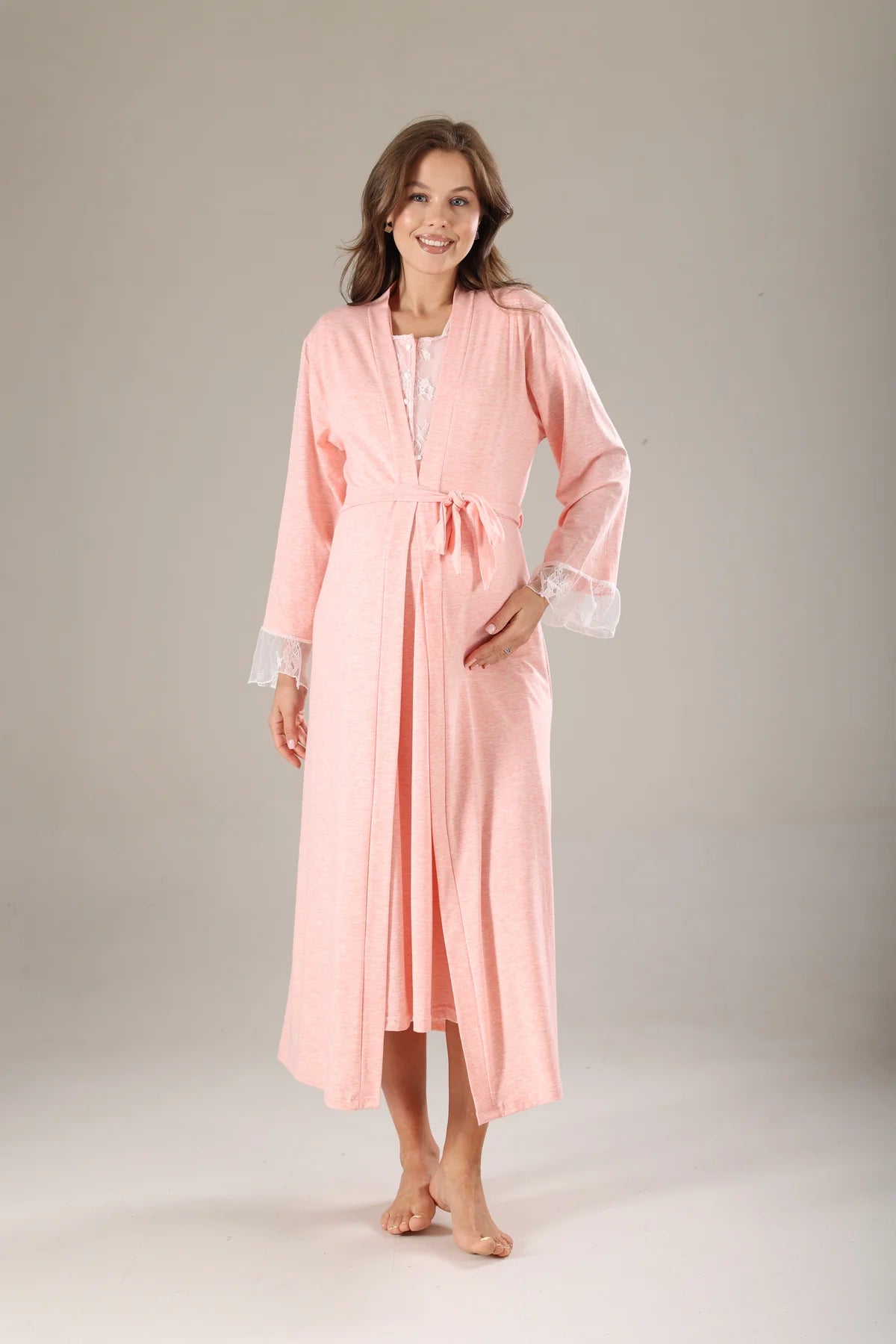 Pembe Melanj Dantel Tasarımlı Sabahlıklı Lohusa Gecelik Takımı - 803