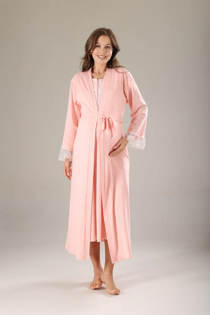 Pembe Melanj Dantel Tasarımlı Sabahlıklı Lohusa Gecelik Takımı - 803