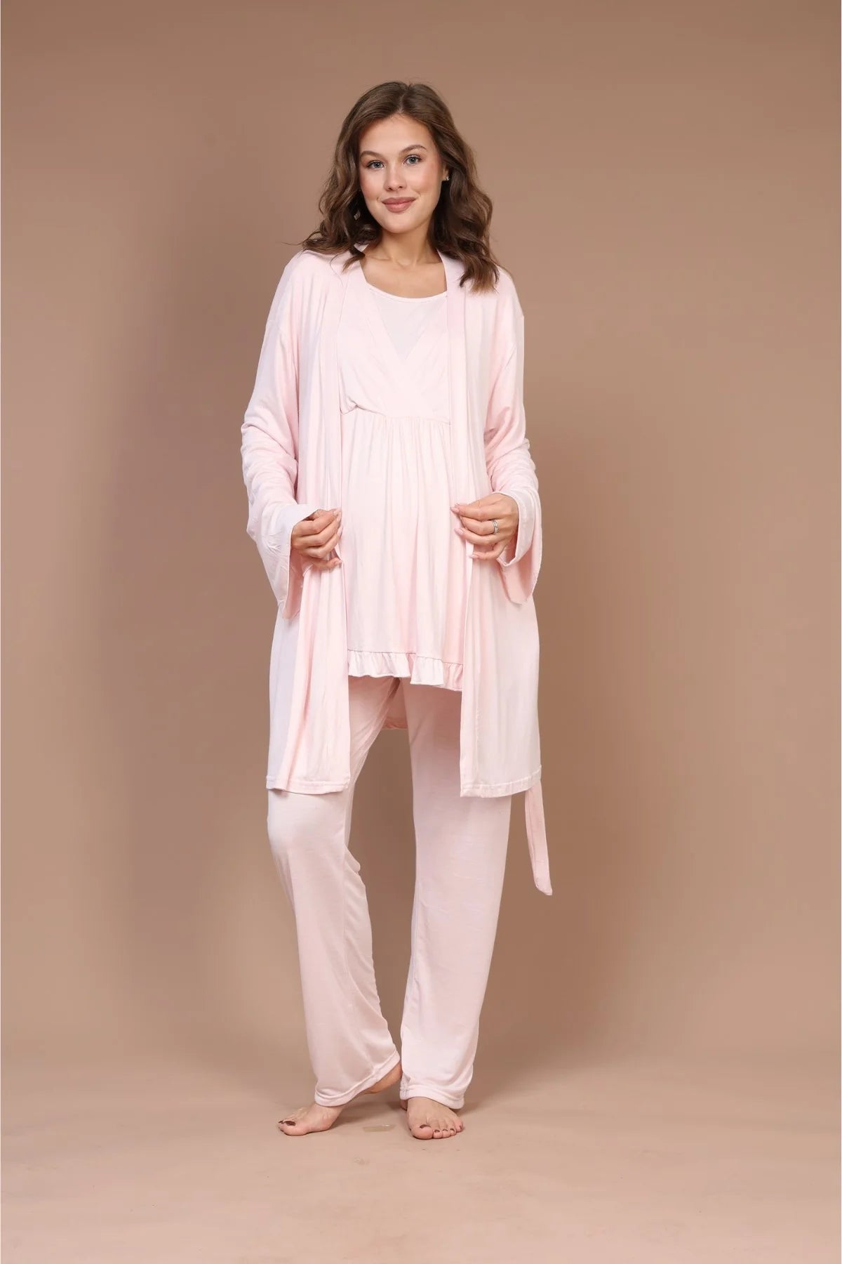 Kruvaze Uzun Kollu Lohusa Hamile 3'Lü Pijama Takımı Pembe - 632