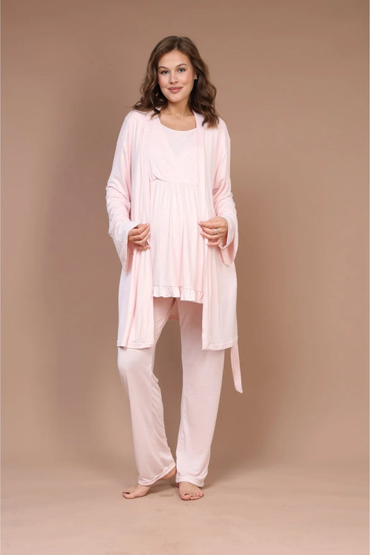 Kruvaze Uzun Kollu Lohusa Hamile 3'Lü Pijama Takımı Pembe - 632