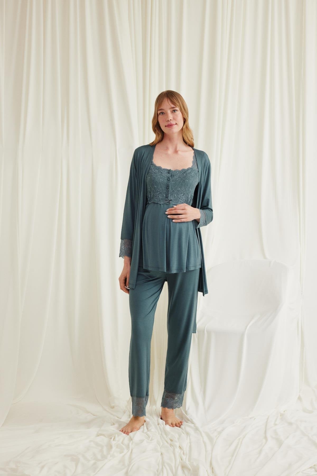 Dantelli Omuz Sabahlıklı Lohusa Pijama Takımı - 18535