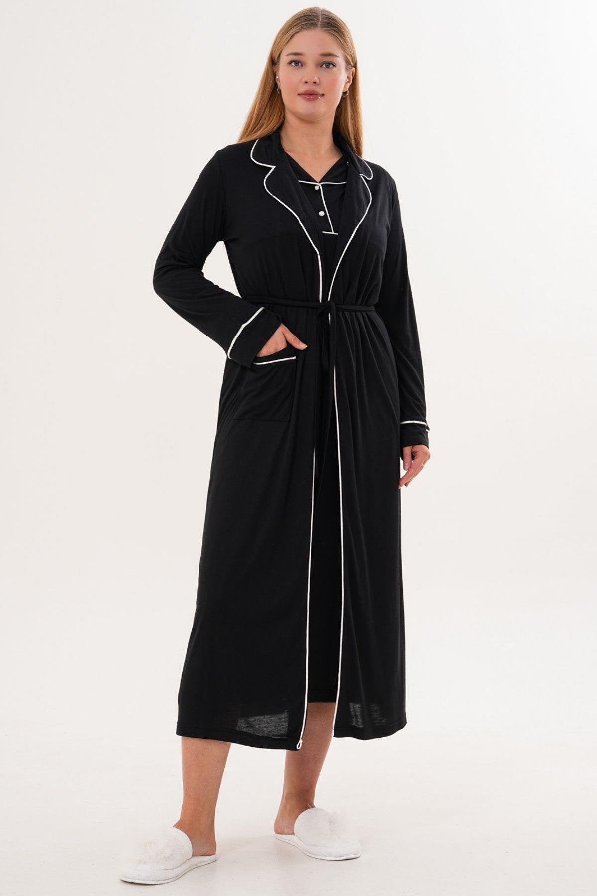 Sabahlık Gecelik Pijama 4'lü Set Siyah - 6335