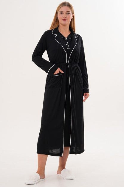 Sabahlık Gecelik Pijama 4'lü Set Siyah - 6335