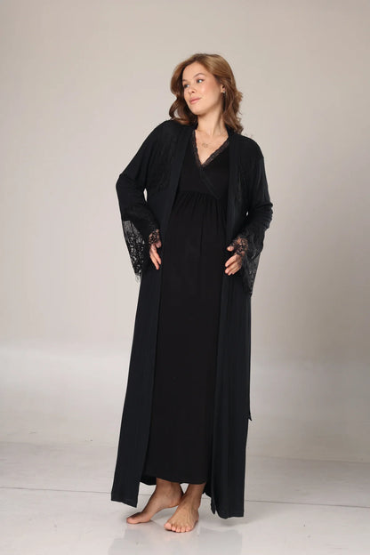 Kışlık Siyah Fitilli Dantel Detaylı Sabahlıklı Lohusa Gecelik Takımı -1006
