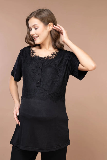 Güpürlü Sabahlıklı Lohusa Pijama Takımı Siyah  - 2383