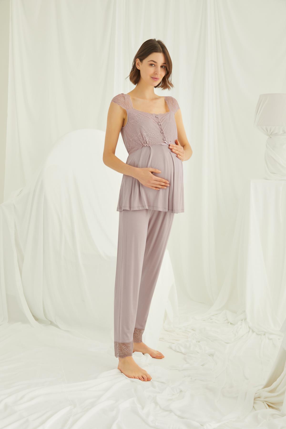 Dantelli Omuz Sabahlıklı Lohusa Pijama Takımı - 18441