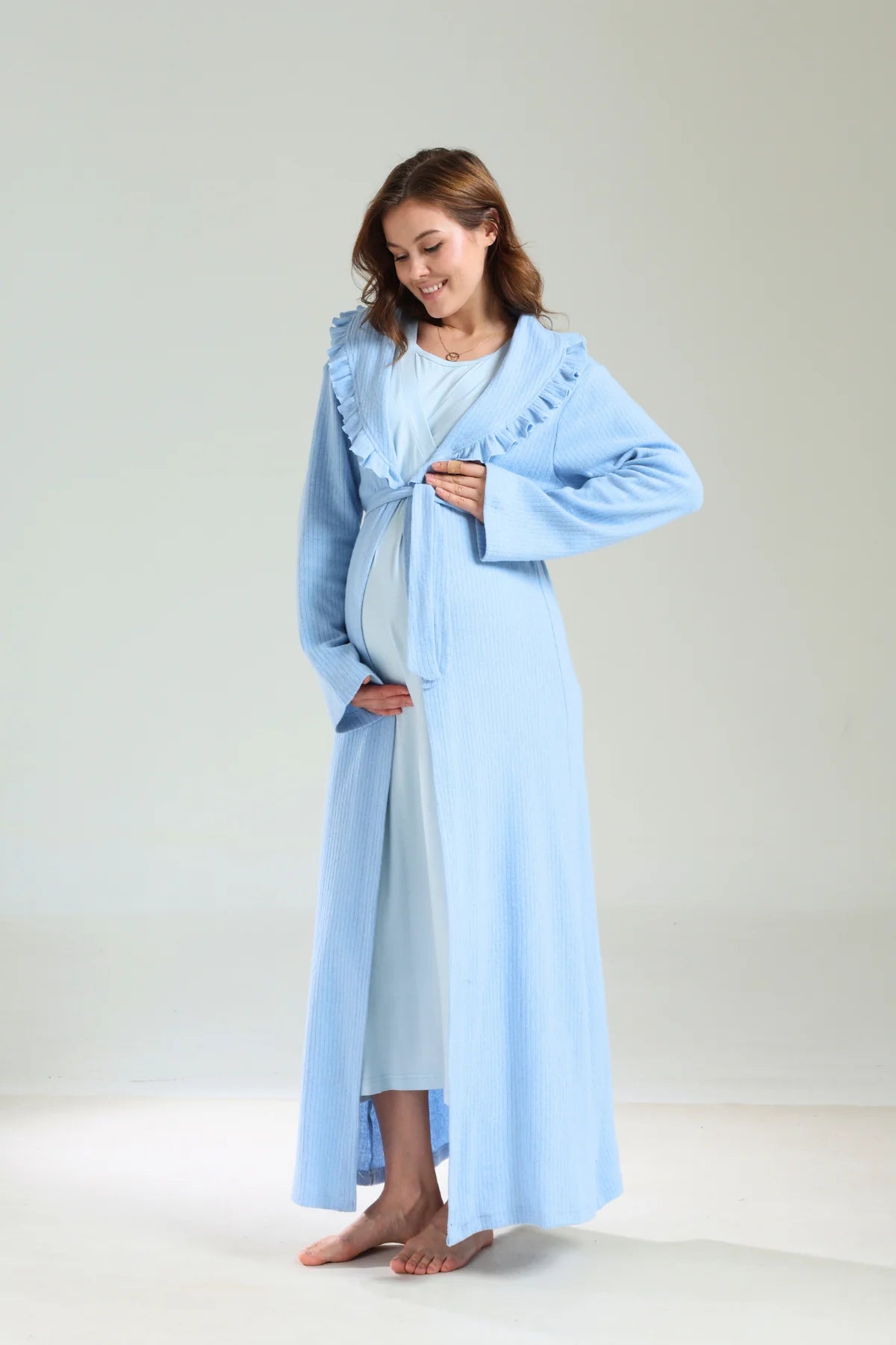 Yumuşak Dokulu Kalın Kışlık Sabahlıklı Lohusa Hamile Gecelik Takımı Mavi - 1038