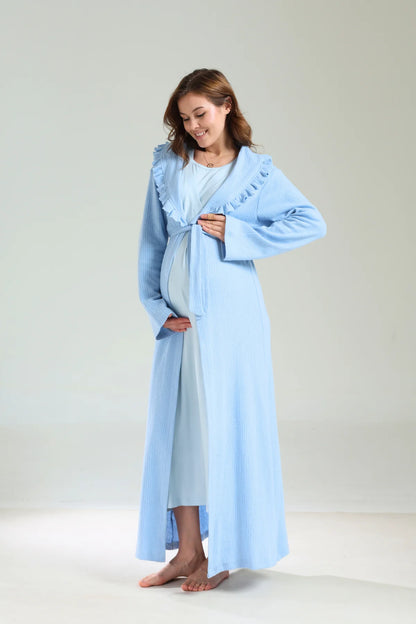 Yumuşak Dokulu Kalın Kışlık Sabahlıklı Lohusa Hamile Gecelik Takımı Mavi - 1038