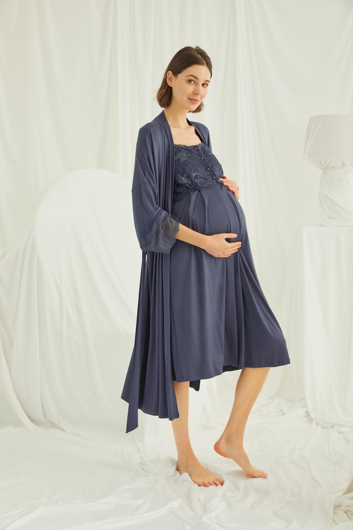 Dantelli Omuz Sabahlıklı Lohusa Gecelik Takımı - 18210