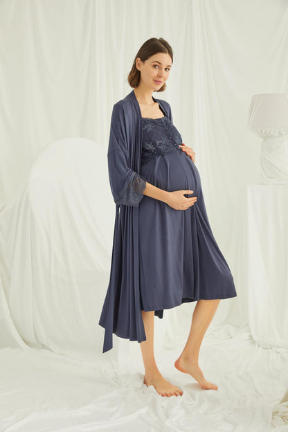 Dantelli Omuz Sabahlıklı Lohusa Gecelik Takımı - 18210