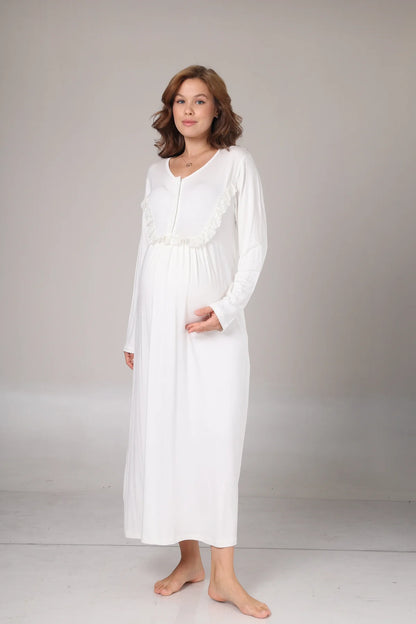Yakası Fırfırlı Kışlık Sabahlıklı Lohusa Hamile Gecelik Takımı Krem- 1023