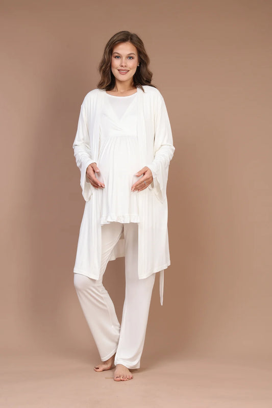 Kruvaze Uzun Kollu Lohusa Hamile 3'Lü Pijama Takımı Ekru - 624