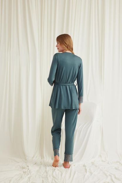 Dantelli Omuz Sabahlıklı Lohusa Pijama Takımı - 18535