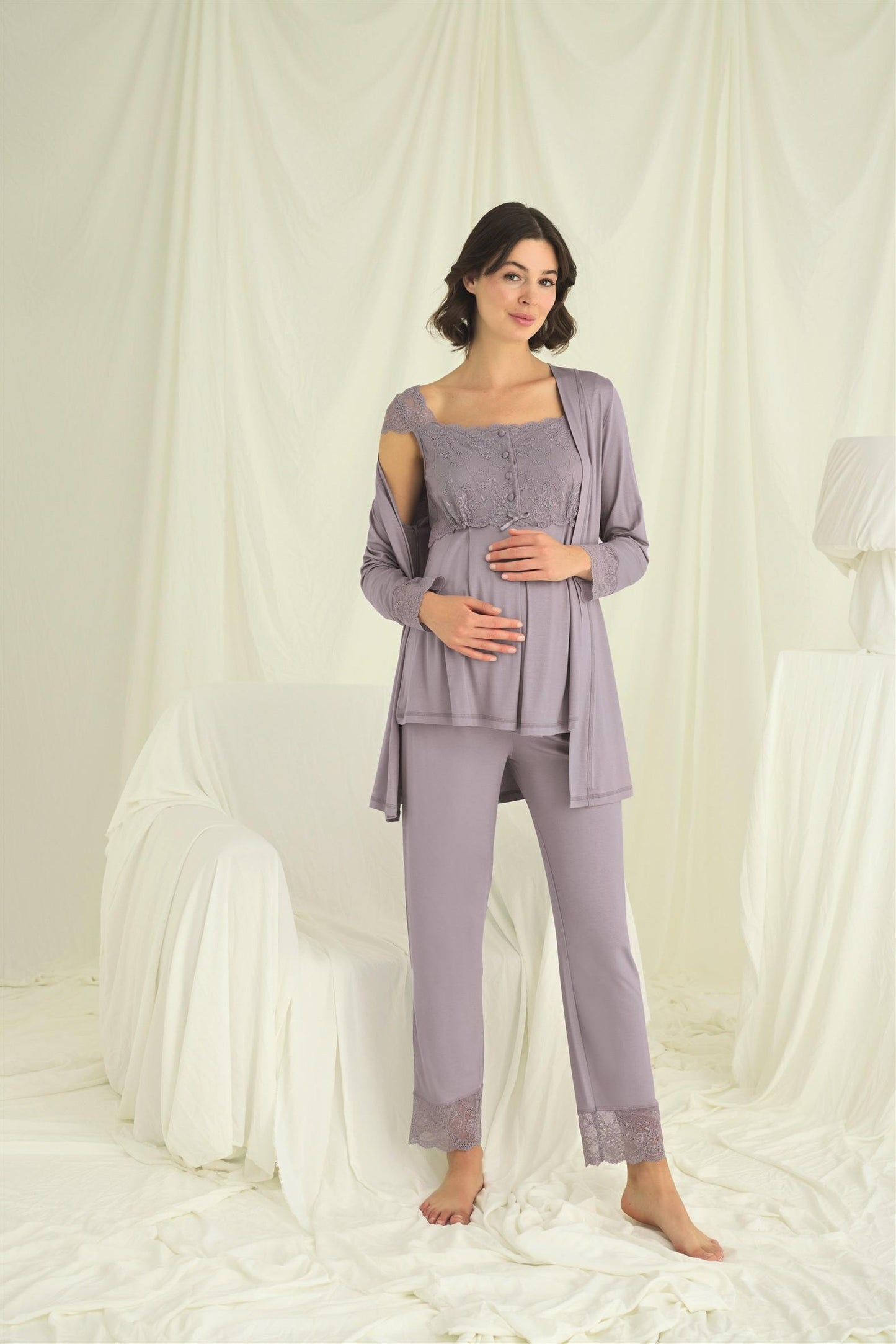 Önden Düğmeli Dantel Detay Sabahlıklı Lohusa Hamile Pijama Takımı - 18669