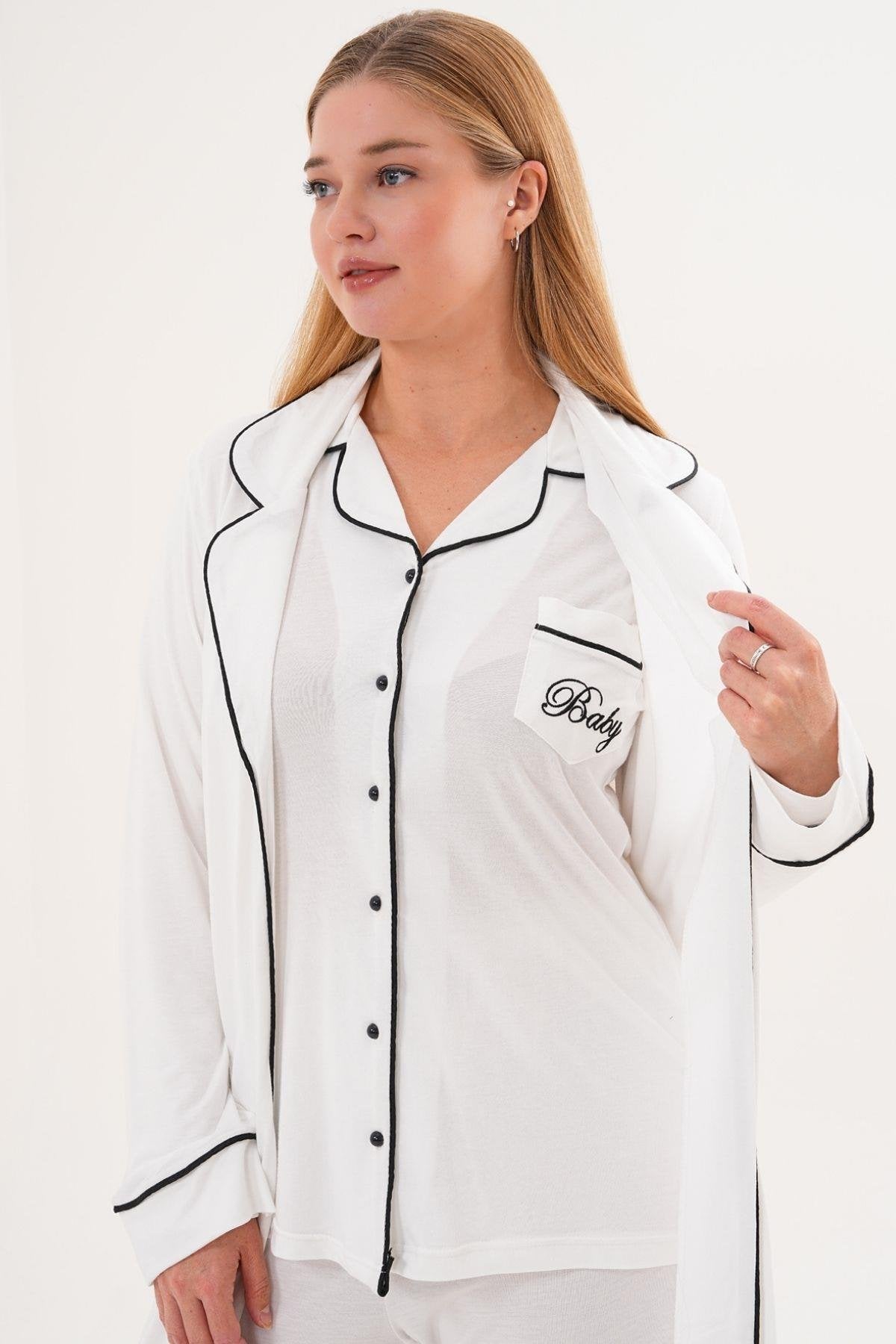 Sabahlık Gecelik Pijama 4'lü Set Ekru - 6335