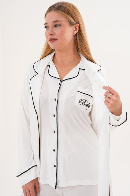 Sabahlık Gecelik Pijama 4'lü Set Ekru - 6335