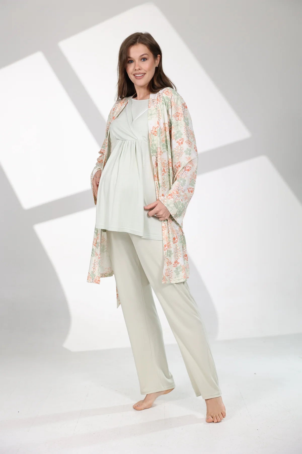 Çiçekli Kruvaze Sabahlıklı Lohusa Hamile Pijama Takımı Mint Yeşili  -  713
