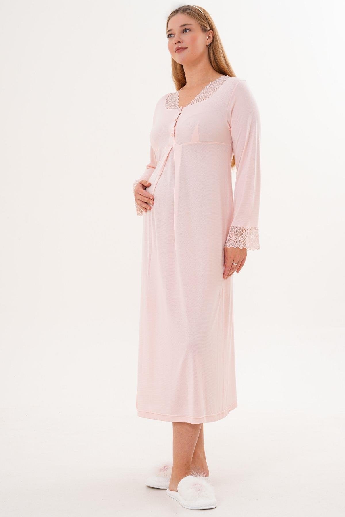 2’Li Sabahlık Gecelik Takımı - Dantel Detay Lohusa Hamile Takım Pembe - 6331