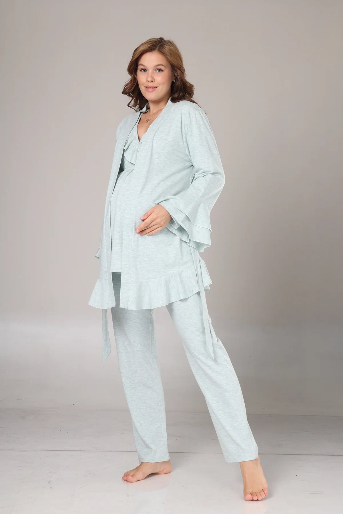 Uzun Kollu Yumuşak Dokulu Sabahlıklı Kruvaze Lohusa Pijama Takımı Mint -  1014