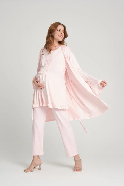 Volan Kol Sabahlıklı Kruvaze Lohusa Hamile Pijama Takımı Pembe - 2382