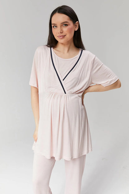 Biyeli Sabahlıklı Kruvaze Lohusa Pijama Takımı Pembe  - 517