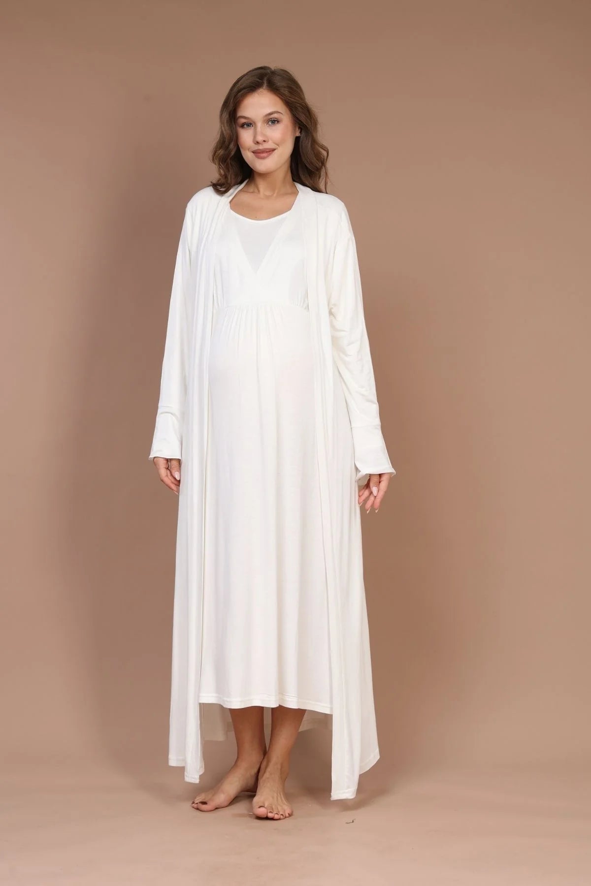 Emzirme Özellikli Sabahlıklı Lohusa Hamile Gecelik Takımı Ekru - 621