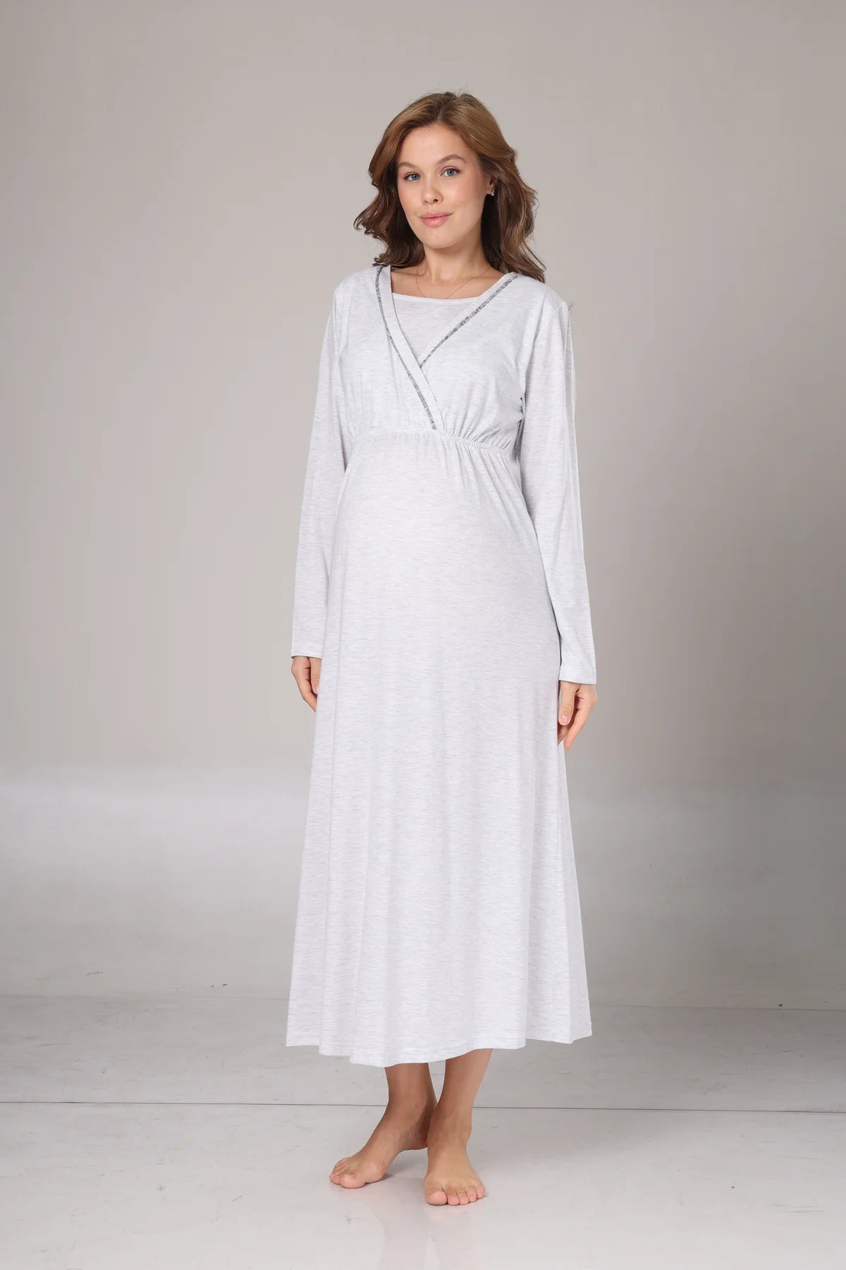 Kışlık Polarlı Sabahlıklı Lohusa Hamile Gecelik Takımı Gri  -1007
