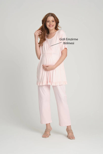 Volan Kol Sabahlıklı Kruvaze Lohusa Hamile Pijama Takımı Pembe - 2382