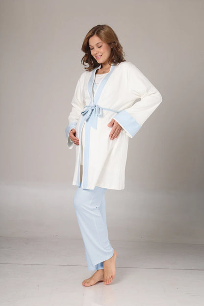 Kışlık Pamuk Sabahlıklı Mavi Şeritli Lohusa  Hamile Pijama Takımı-1033