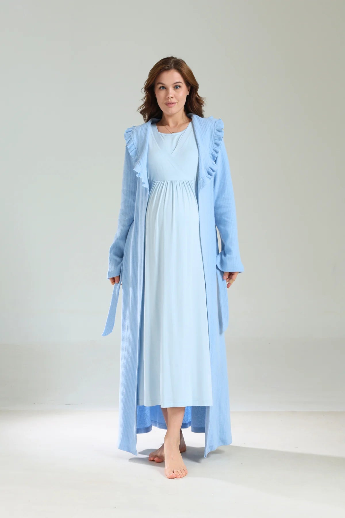 Yumuşak Dokulu Kalın Kışlık Sabahlıklı Lohusa Hamile Gecelik Takımı Mavi - 1038